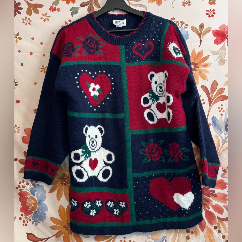 Vintage Basic Editions Womens M Girlhood Retro Teddy Bear Heart Winter Sweater